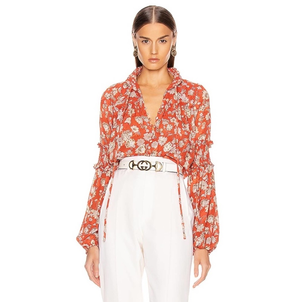 Alexis Zaria Floral Button-Front Tie Neck Blouse S